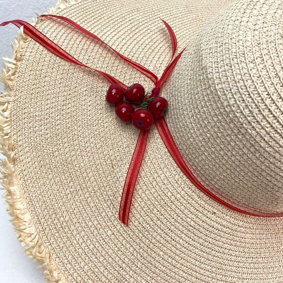 Wide Brim Straw Grass Woven Sun Hat with Cherries Womans Beach Boho Peasant - Picture 7 of 13